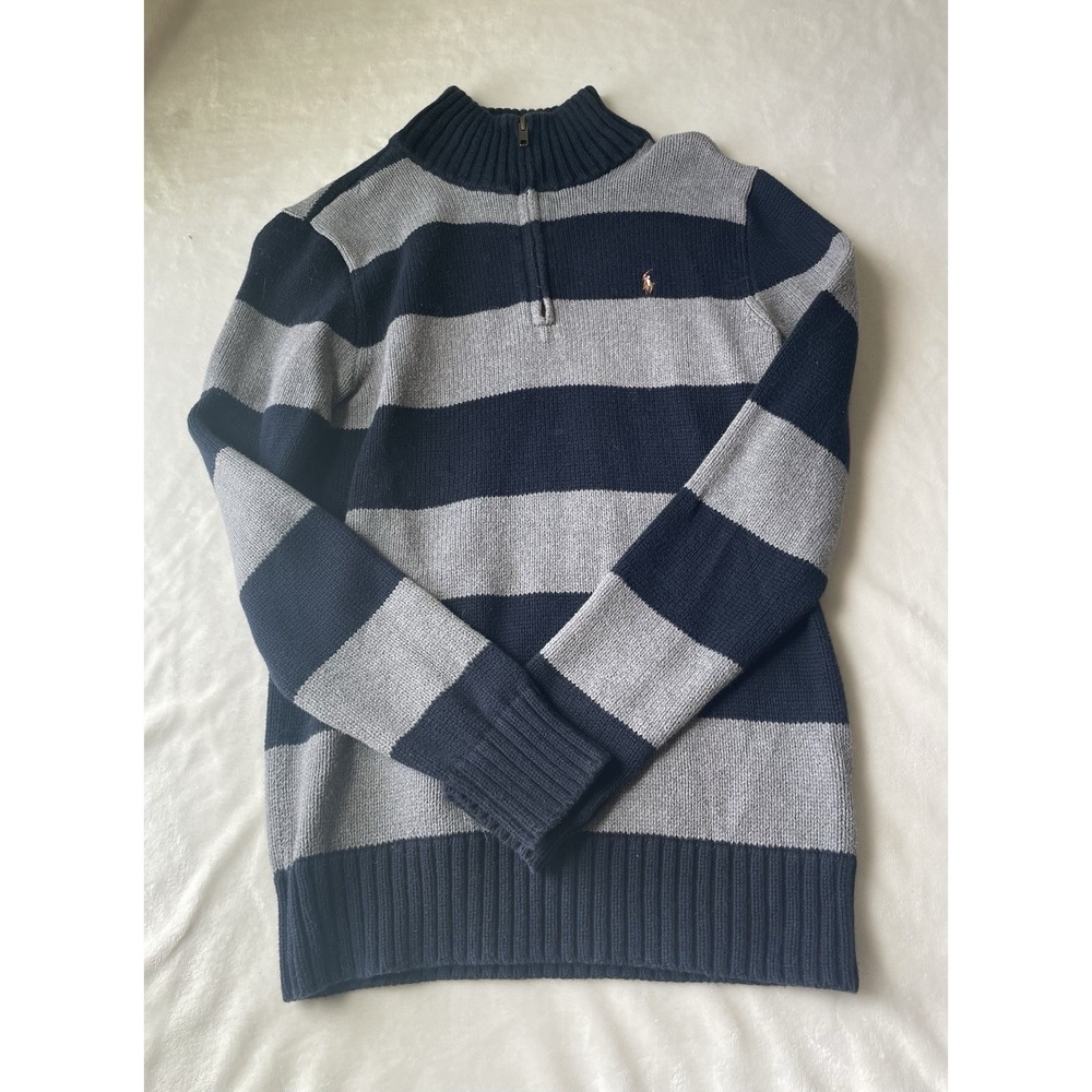 Polo Ralph Lauren 100% Cotton Boys Navy Striped Pullover Sweater Large 14-16